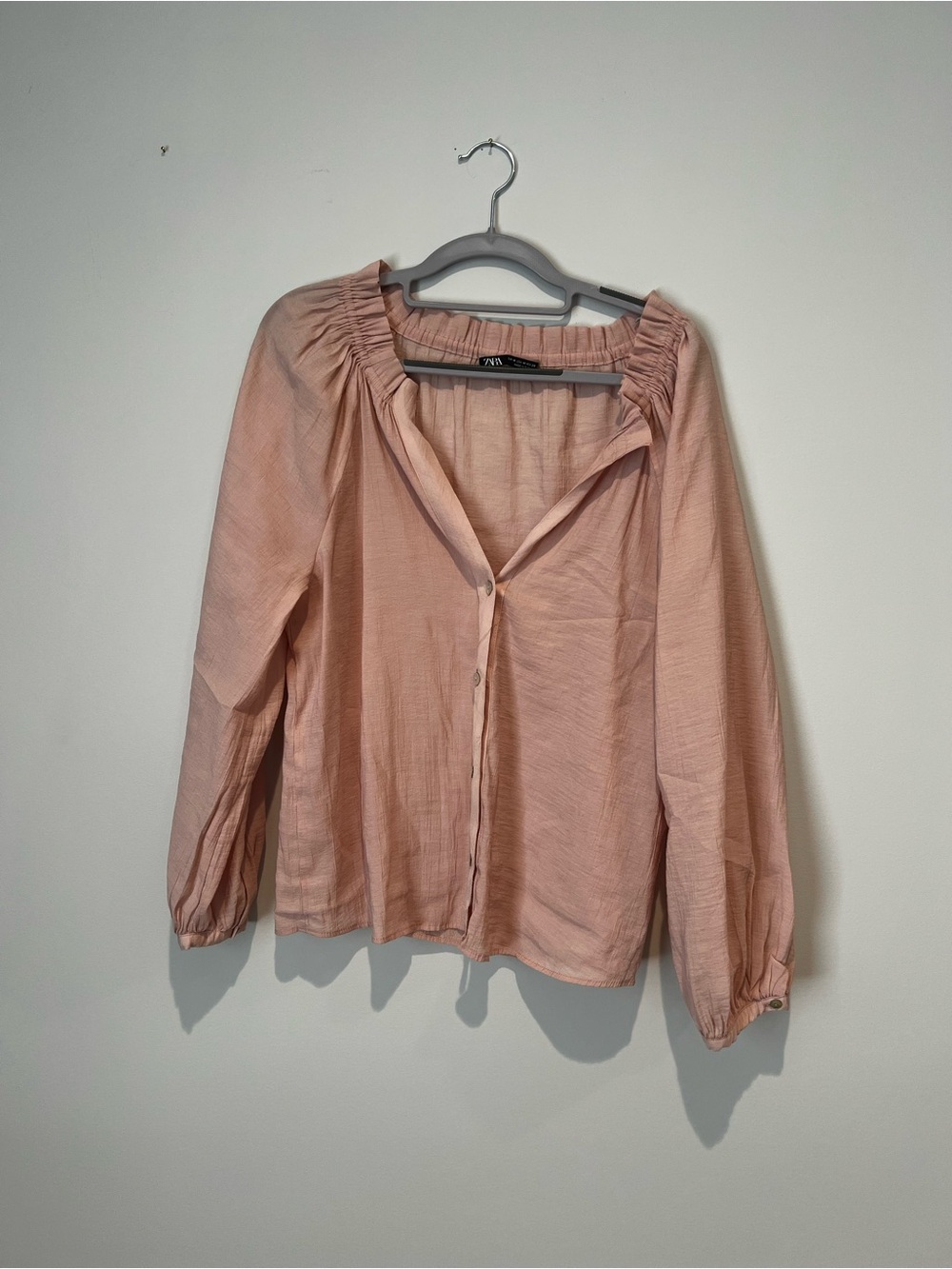 Zara - Light Pink Button-Front Peasant Blouse